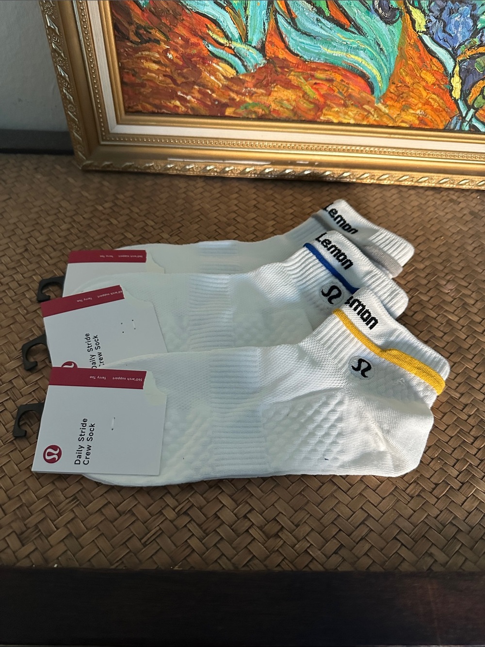 Lululemon Daily Stride Crew Socks - White with Yellow/Blue/grey Accents